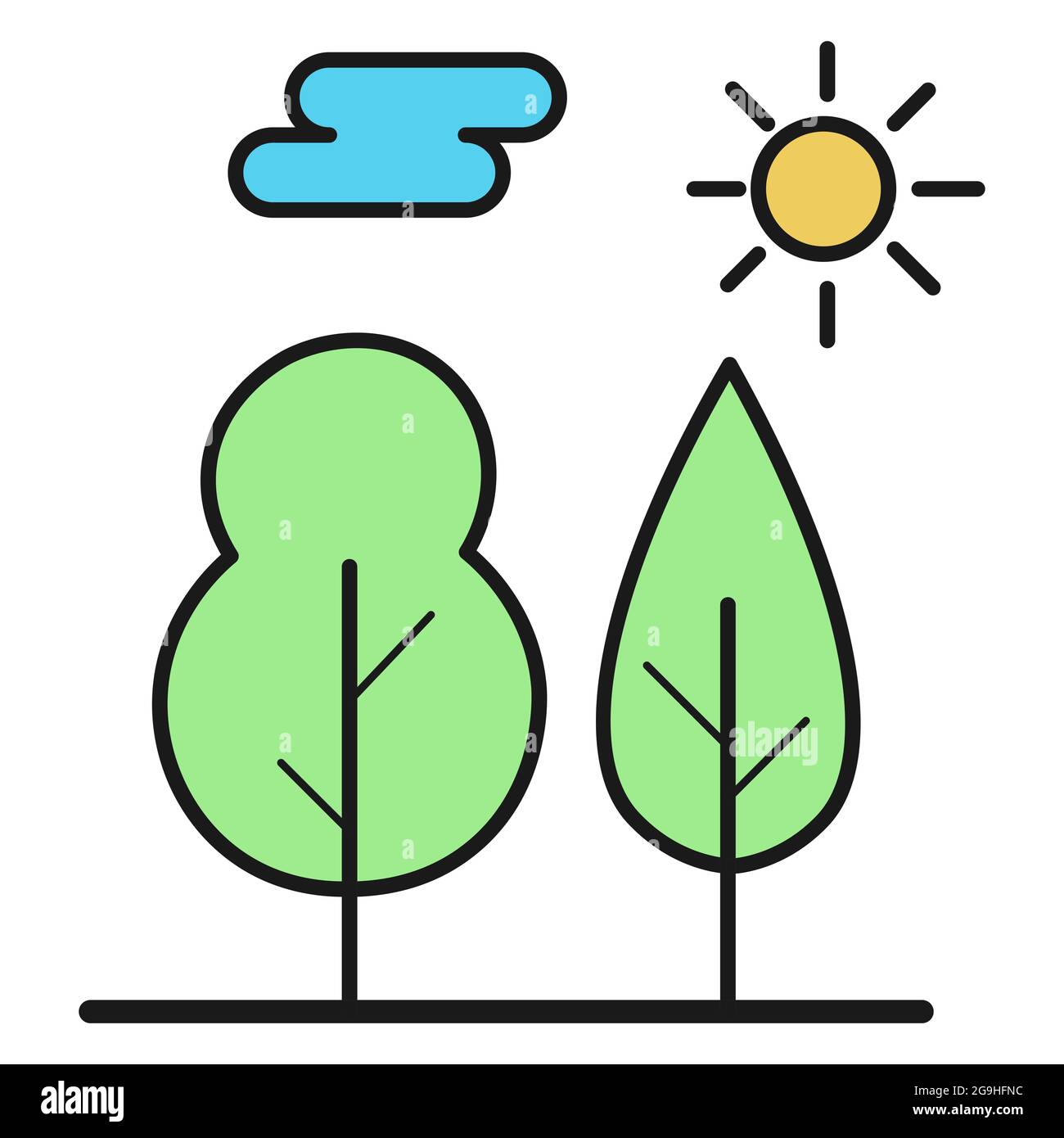 Ecological icon. Landscape with trees and sun. Isolated on white ...