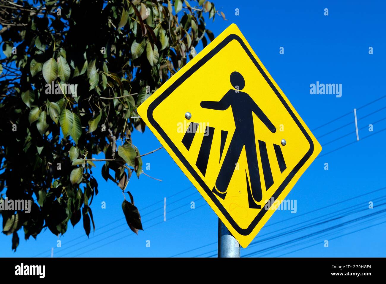 pedestrian crossing - yellow traffic sign signaling crosswalk Stock Photo