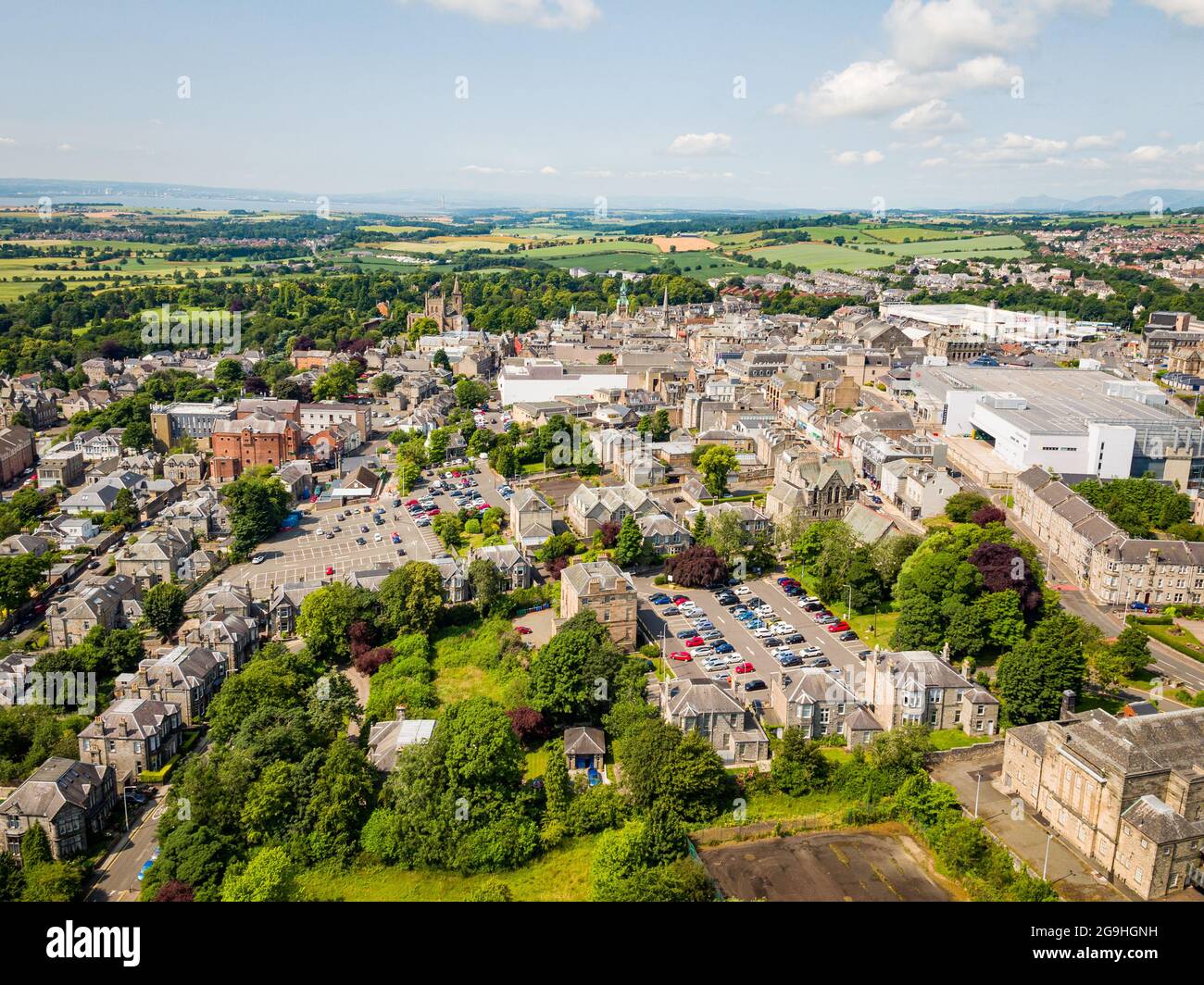 Aerial photograph of Dunfermline town centre in teh middle of Summer Stock Photo
