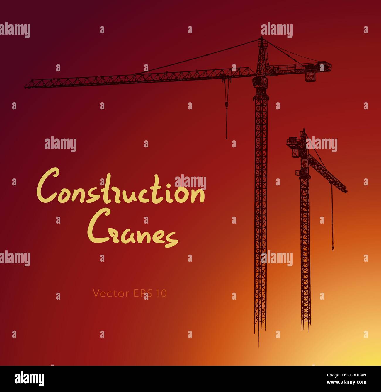 Tower construction cranes. Hand drawn vector illustration isolated on white background. Stock Vector