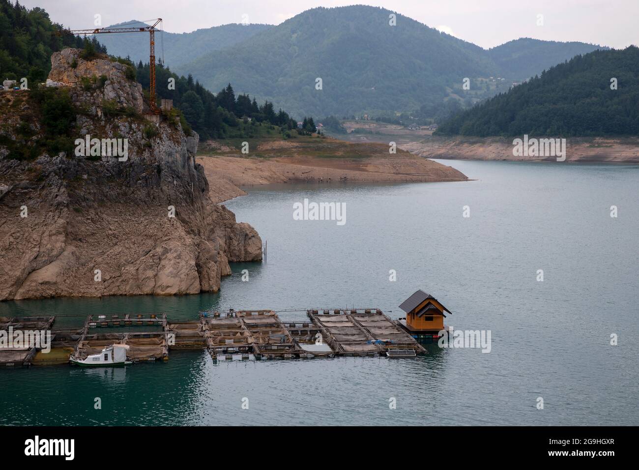 Serbia - Floating cages of trout farm on the Tara Mountain at Lake Zaovine Stock Photo