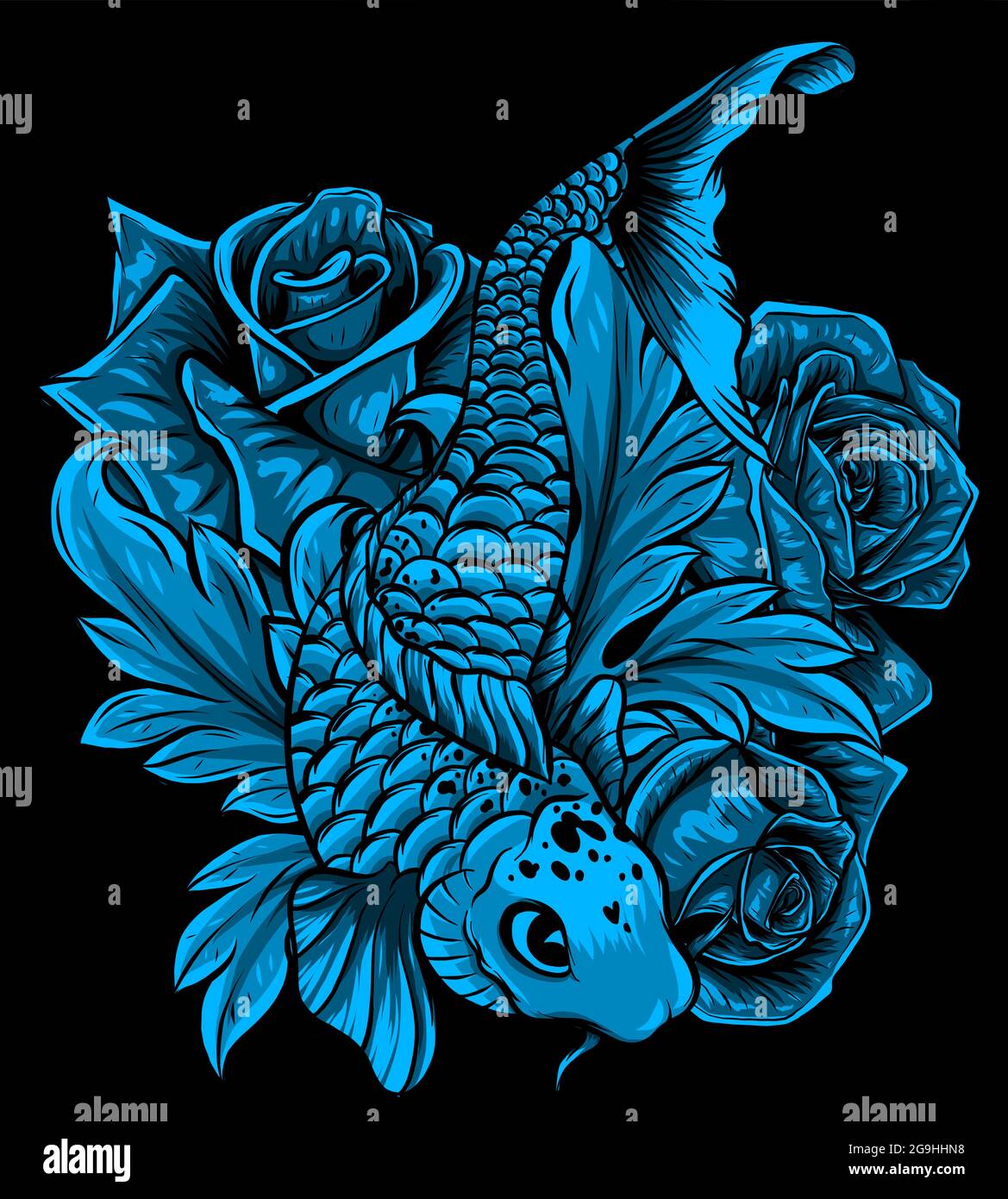 koi fish with flower on black background vector Stock Vector