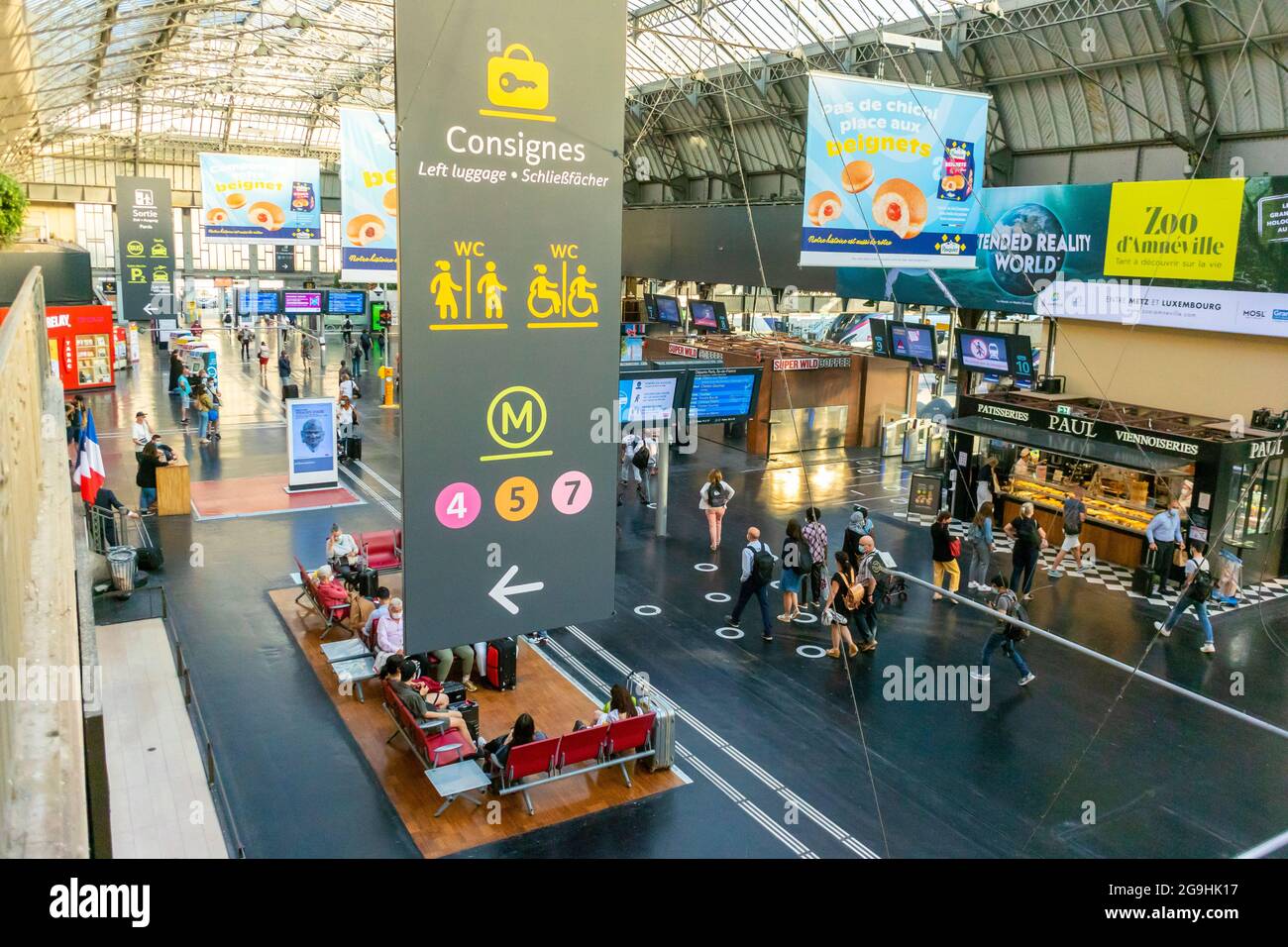 Paris, France, High Angle, Historic French Train Station, Gare de l'Est, Interiors, People Traveling, Advertising Campaign Stock Photo