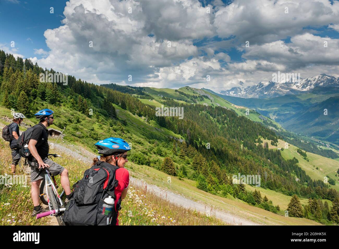 Les Saisies Mountain biking, Mont-Blanc & the Alpine chain. Beaufortain massif & Val d'Arly region. Savoie départment. France Stock Photo