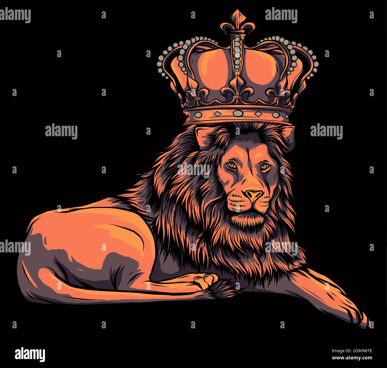 Royal lion with crown - animal king head with long mane vector Stock Vector