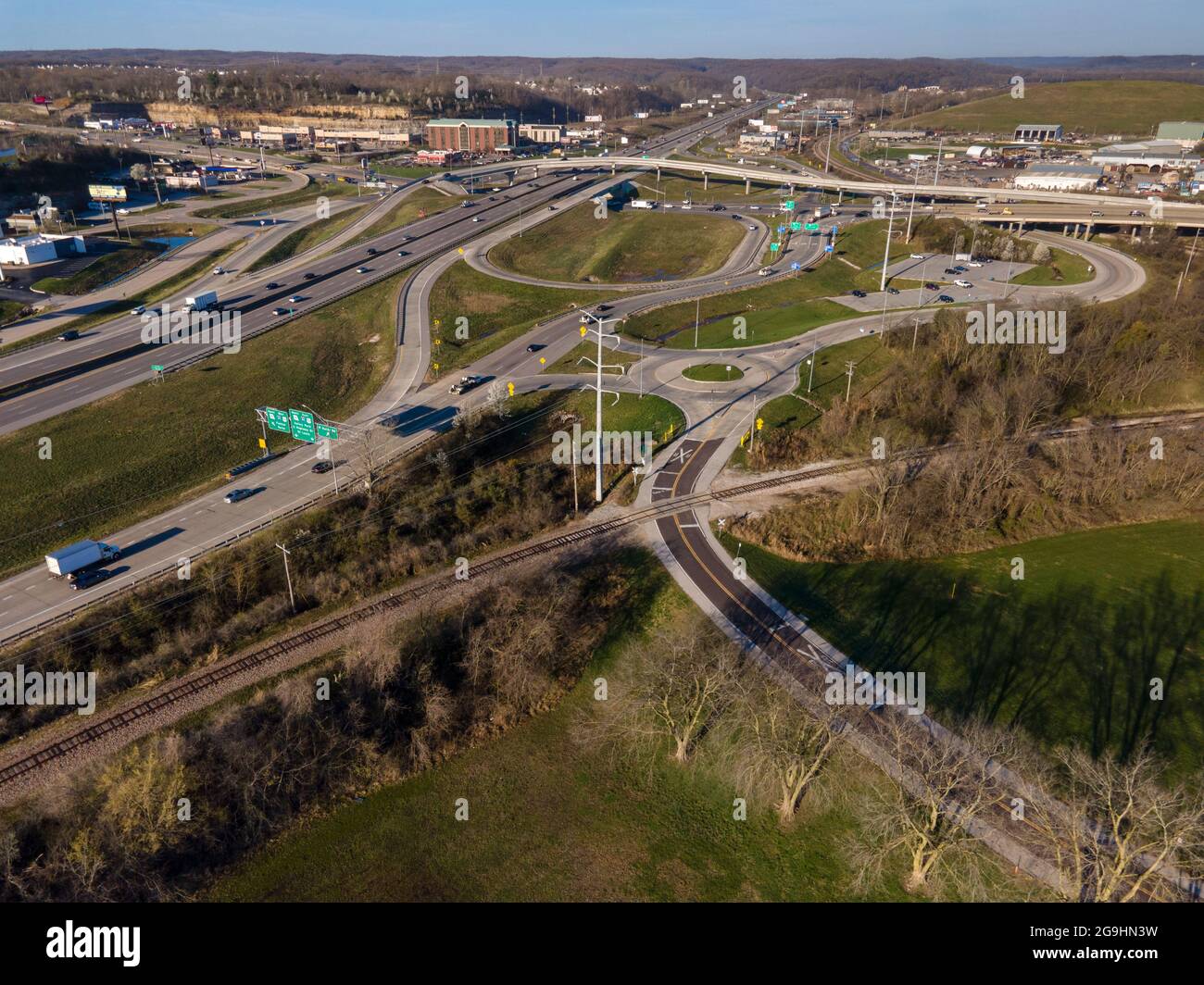 Missouri Route 141 and Interstate 44 meet in Valley Park, Mo., with a cloverleaf interchange with flyover ramps Stock Photo