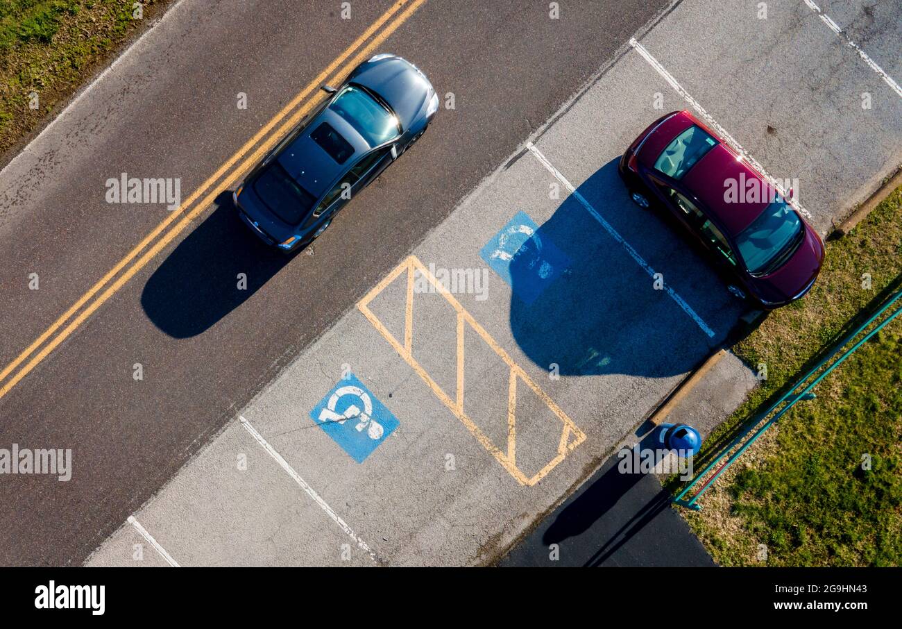 Aerial view of reserved disabled parking places Stock Photo