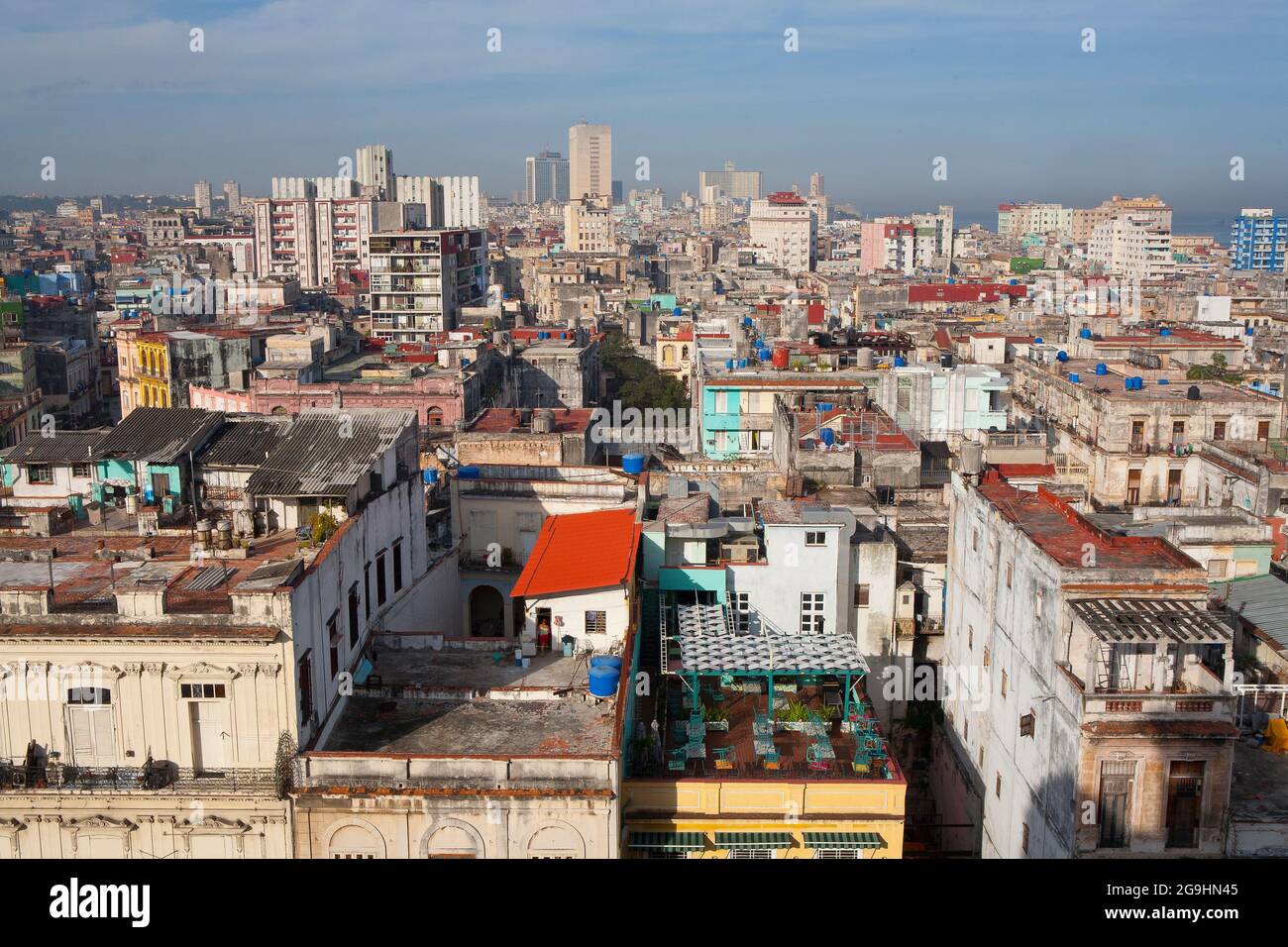 Sky line of Havana Cuba looking over the roof tops from central square Stock Photo