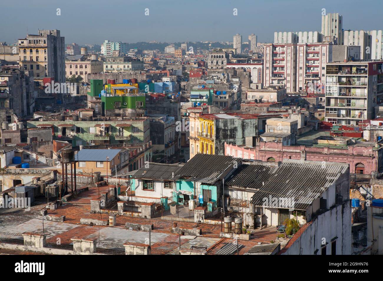 Sky line of Havana Cuba looking over the roof tops from central square Stock Photo