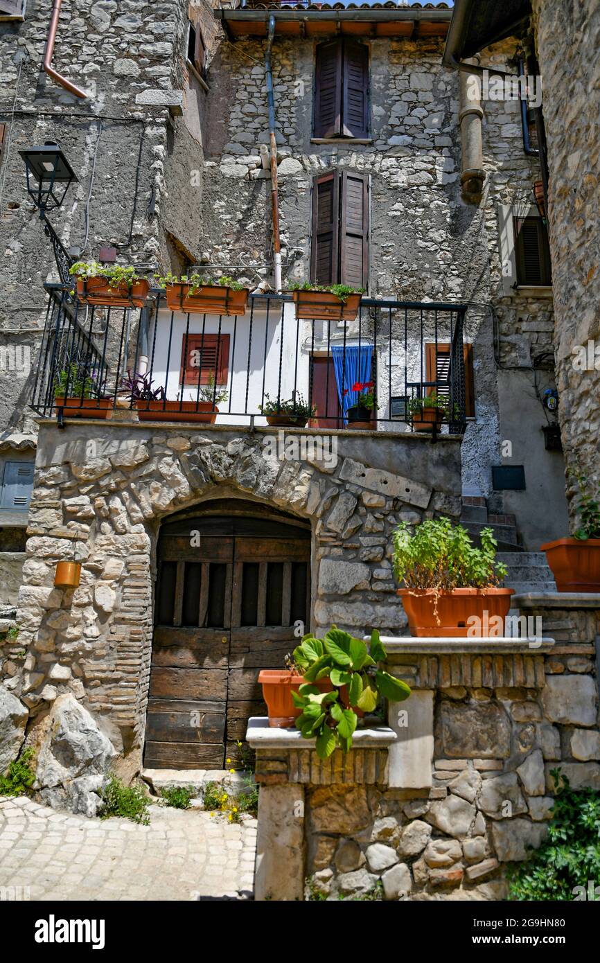 Maenza, Italy, July 24, 2021. The facade of an old house in a medieval