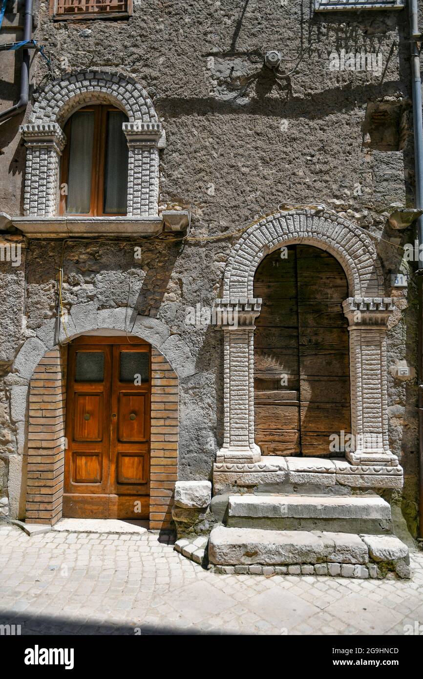 Maenza, Italy, July 24, 2021. The facade of an old house in a medieval