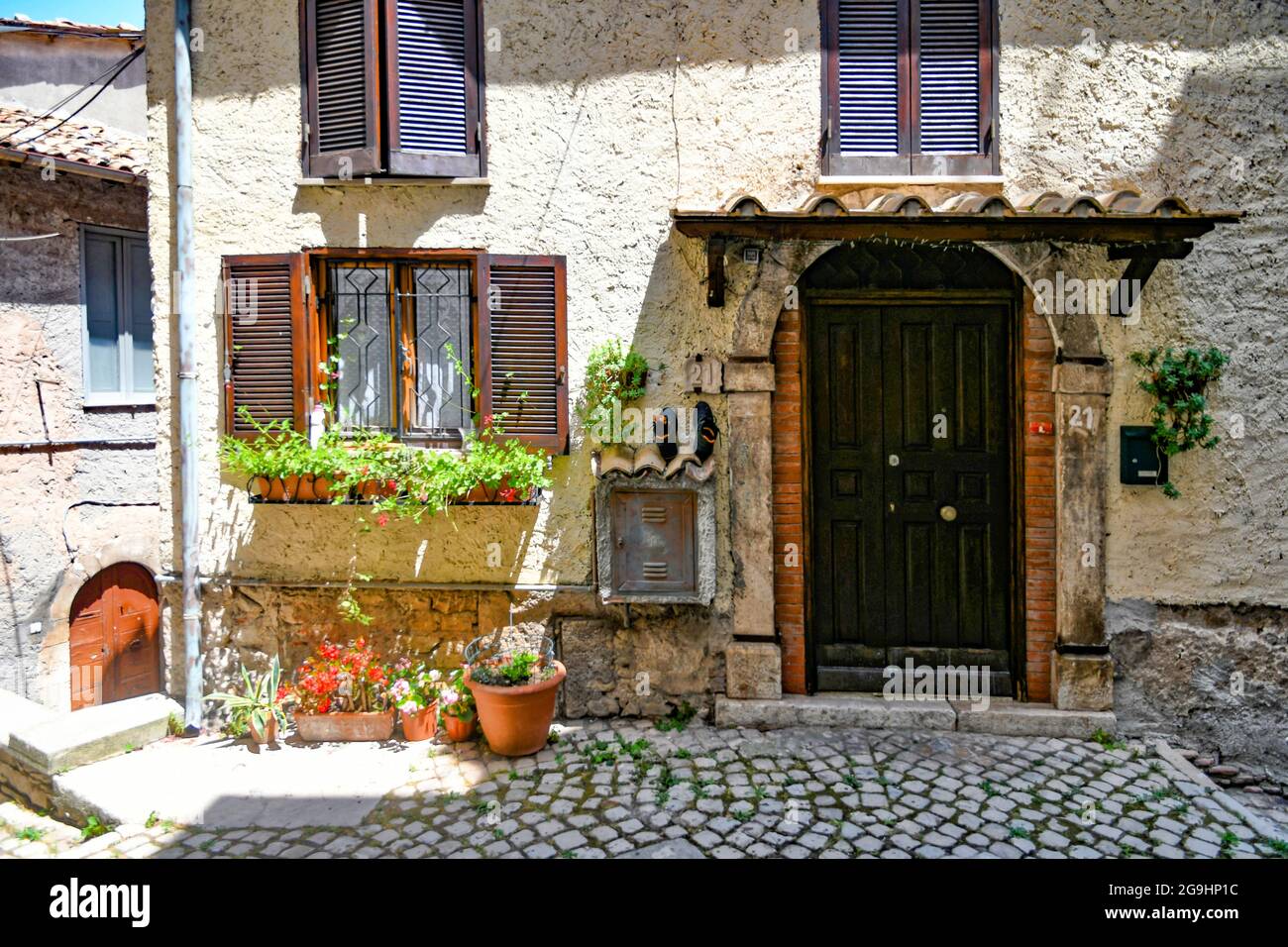 Maenza, Italy, July 24, 2021. The facade of an old house in a medieval