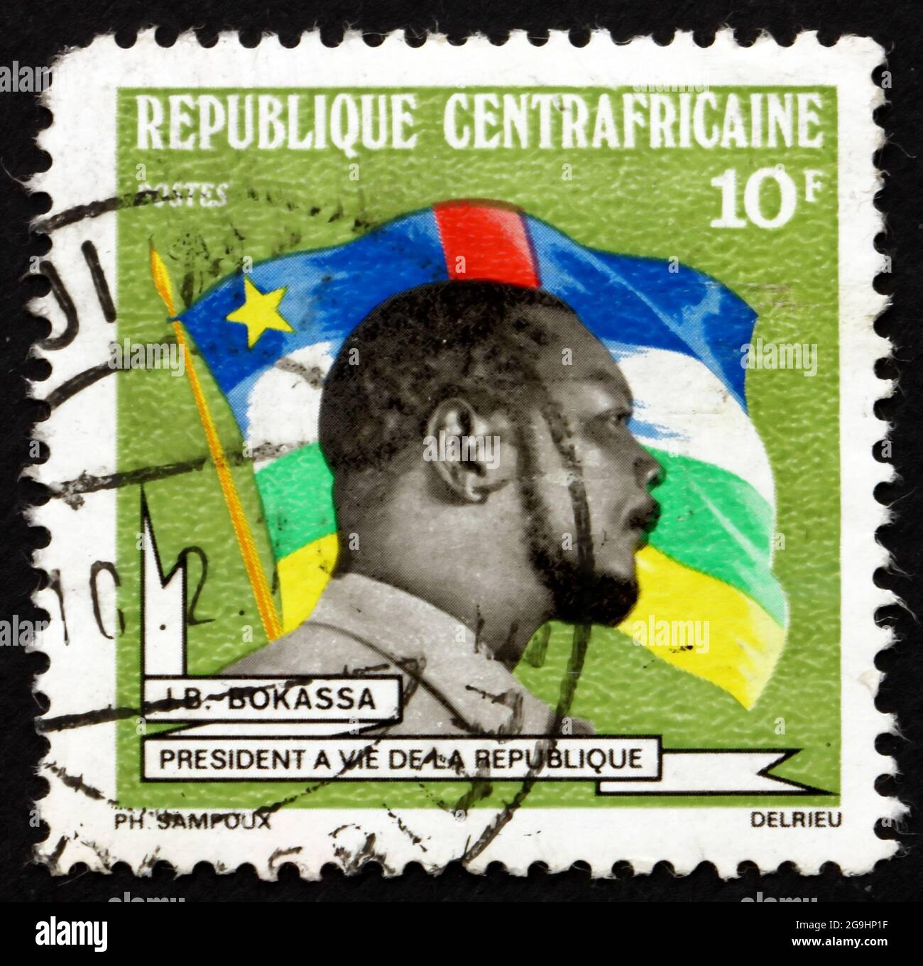 CENTRAL AFRICAN REPUBLIC - CIRCA 1973: a stamp printed in Central African Republic shows President Bokassa and CAR Flag, circa 1973 Stock Photo