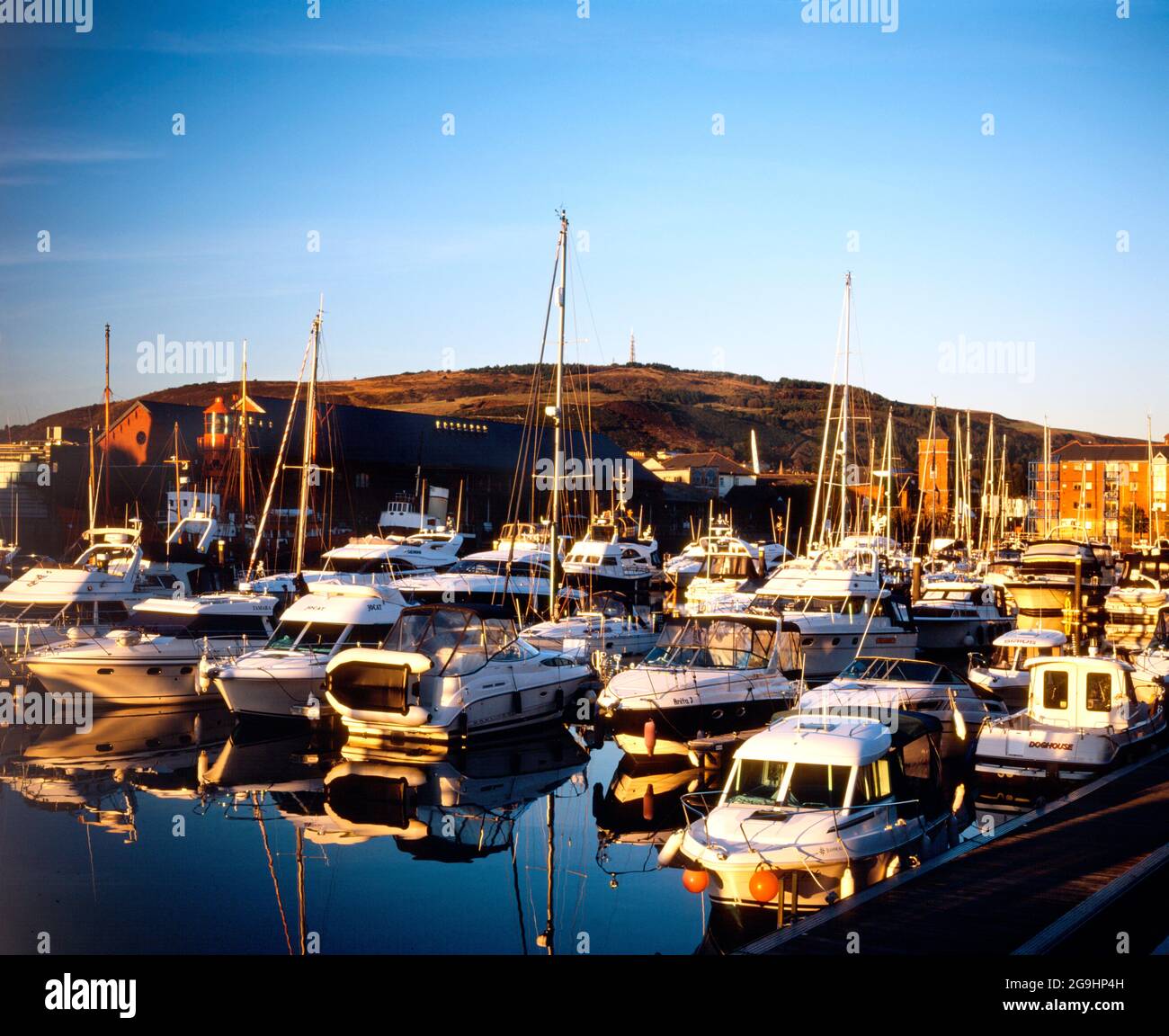 Evening shot of boats moored in Maritime Quarter, Swansea, South Wales. Stock Photo