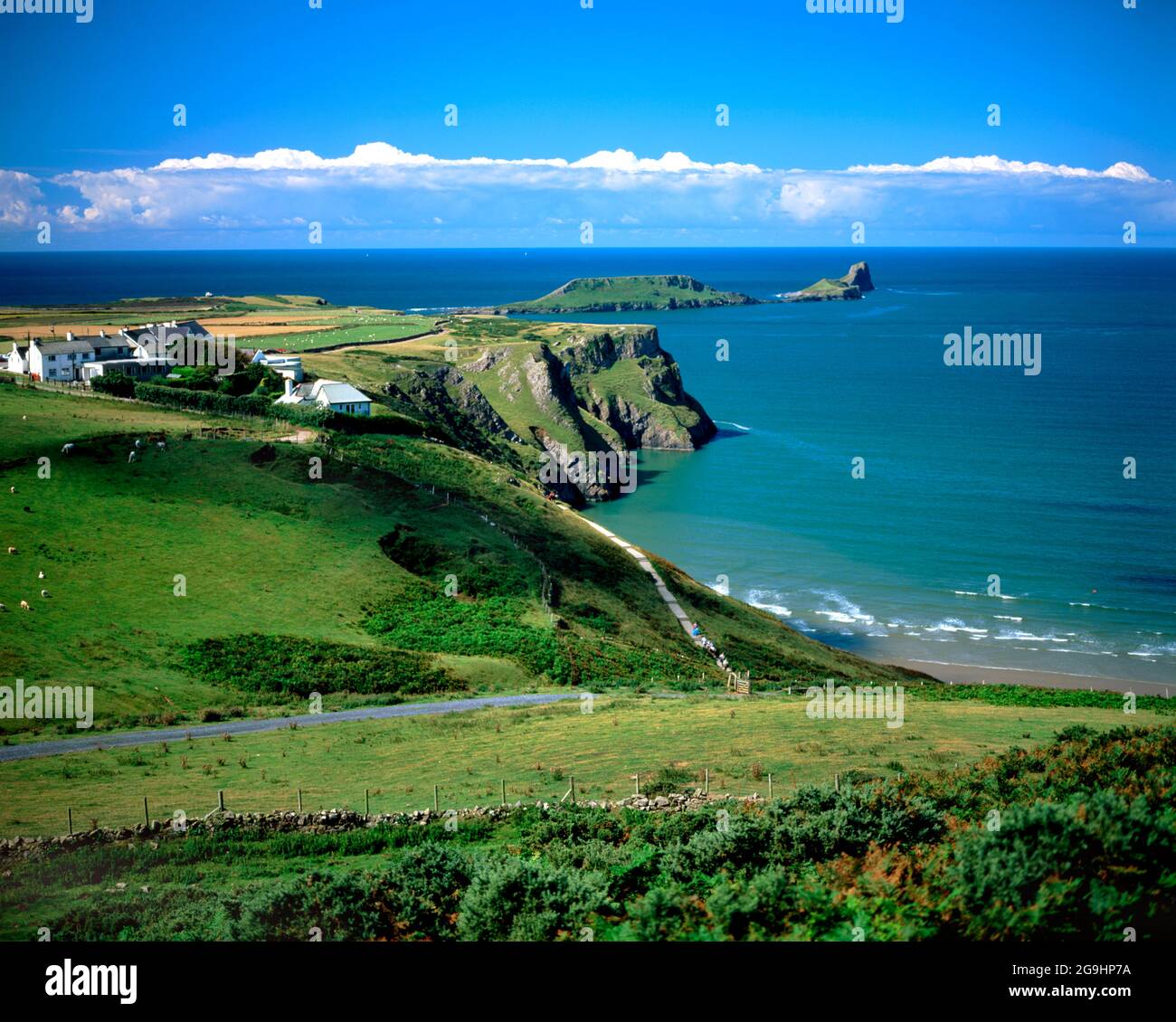 the worms head from rhossili downs, rhossili, gower peninsula, glamorgan, south wales. Stock Photo