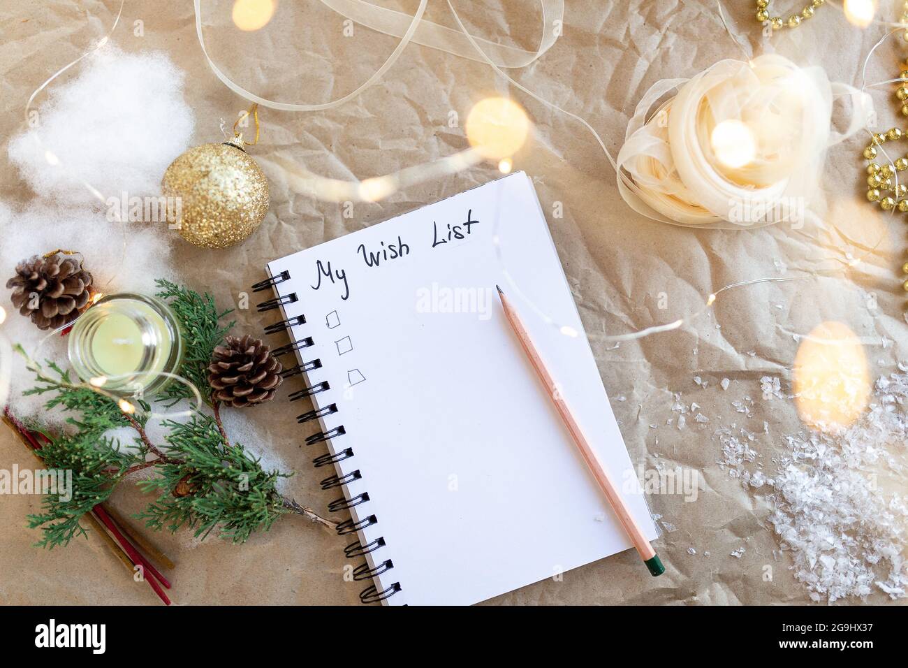 Christmas List 2022 Notebook With Text My 2022 Wish List. Golden Christmas Decoration,New Year  Lights, Ribbon, Fir Branch. New Year And Holiday Concept With Planning Pres  Stock Photo - Alamy