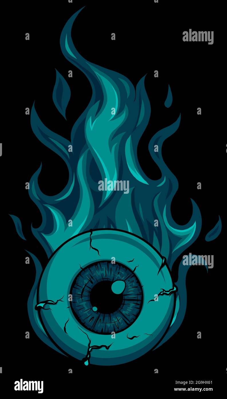 Single eyeball on fire in flames vector illustration Stock Vector