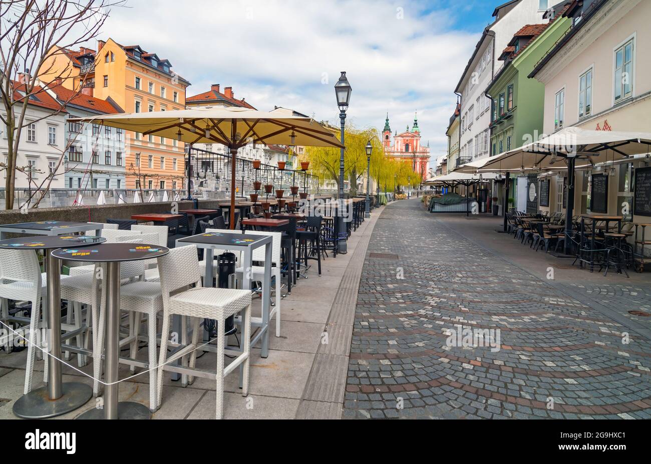 Empty streets in Ljubljana's old city center on spring Sunday morning due to coronavirus quarantine, Ljubljana, Slovenia Stock Photo