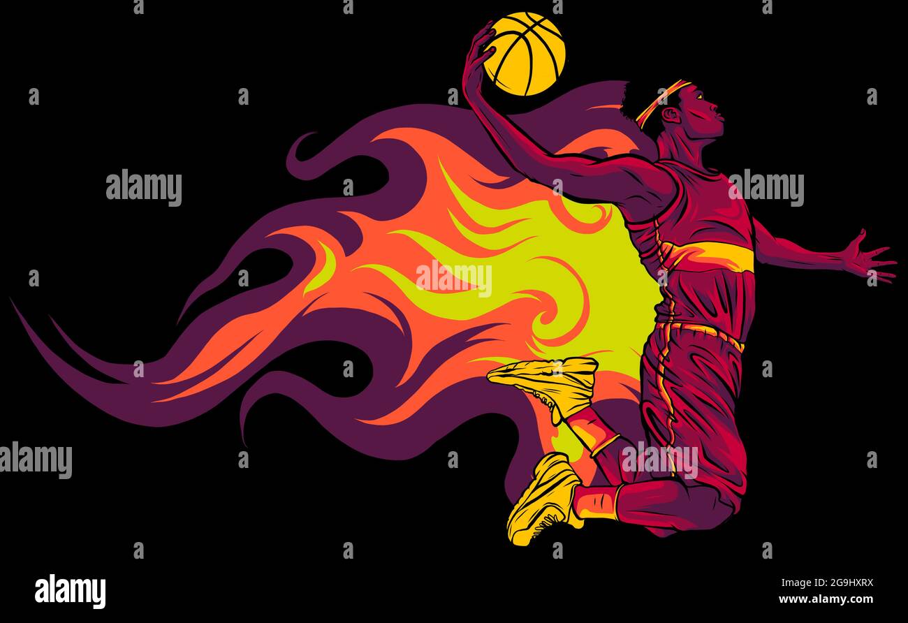 cartoon basketball player is moving dribble with flames Stock Vector