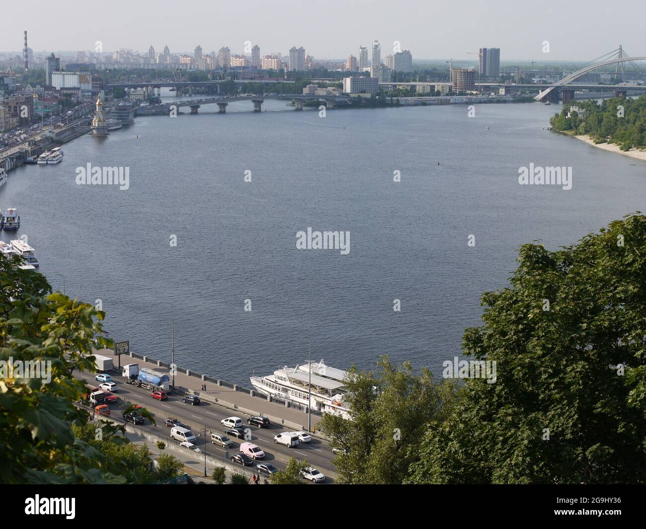 The Dnieper River flowing through the capital of Ukraine, the city of Kiev, in summer Stock Photo
