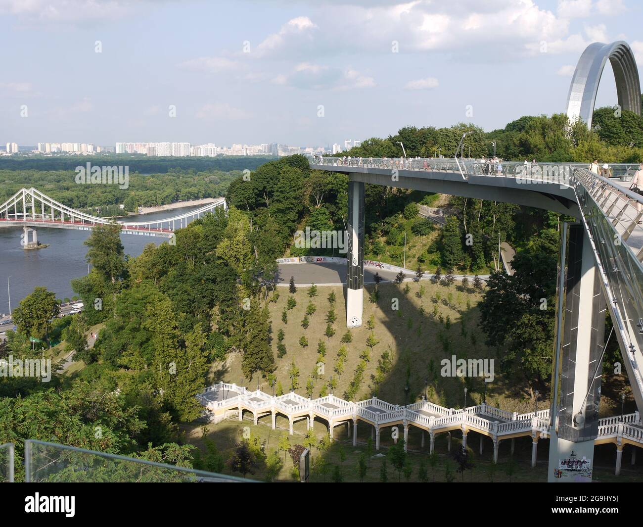 Pedestrian bridge over the embankment of the Dnieper river in Kiev Stock Photo