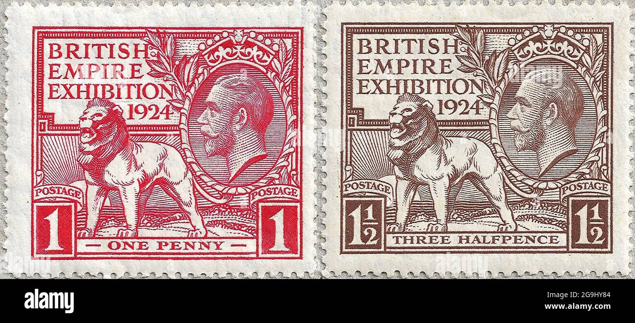 1924 British Empire Exhibition 'Wembley' Stamps (Great Britain, King George V) One Penny Red and Three halfpence Brown Designed by H. Nelson. Printing plates engraved by J. A. C. Harrison. Printed by Waterlow and Sons. Stock Photo