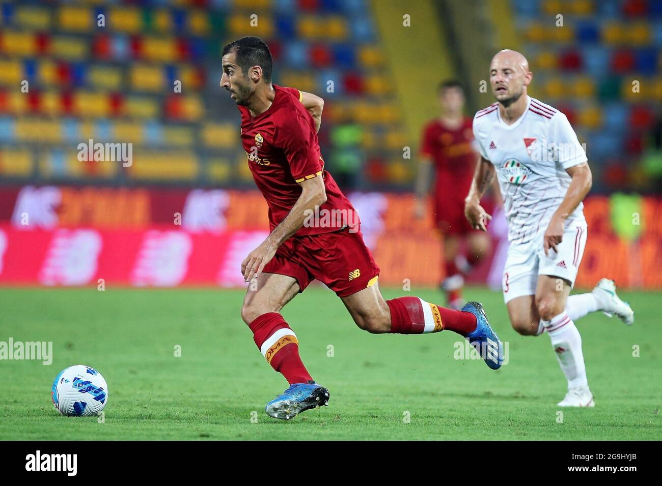 Henrikh Mkhitaryan of Roma (L) in action under pressure from Jozsef Varga of Debrecen (R) during the Friendly Pre-Season football match between AS Roma and Debrecen on July 25, 2021 at Stadio Benito Stirpe in Frosinone, Italy - Photo Federico Proietti / DPPI Stock Photo