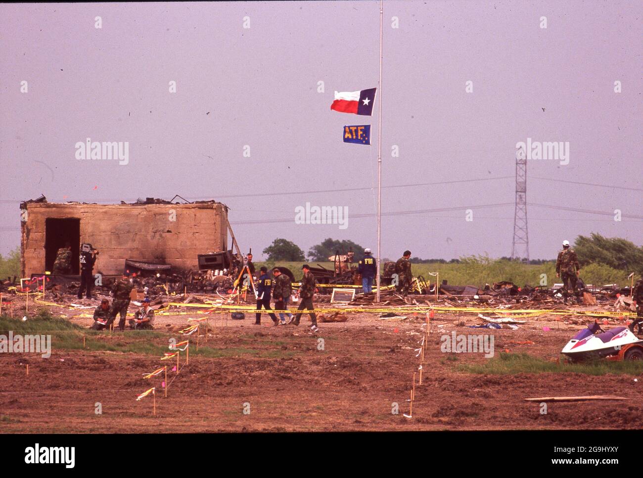 ©1993  April 25, 1993.  remains of the Branch Davidian compound outside Waco, Texas aftermath of the fire that killed scores of people. Stock Photo