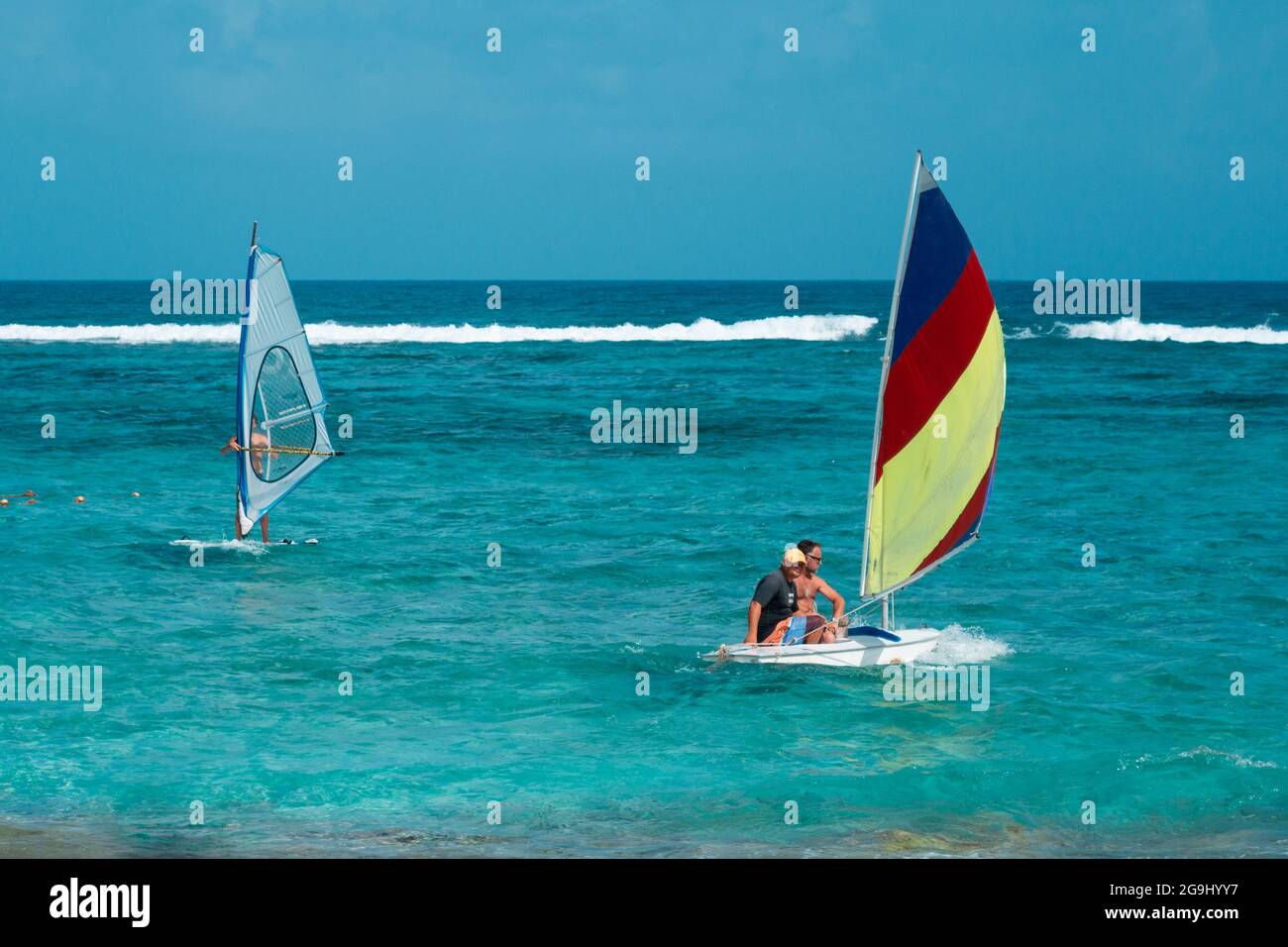 Two windsurfing boards at the Caribbean sea in the island of San Andrés, Colombia. Stock Photo