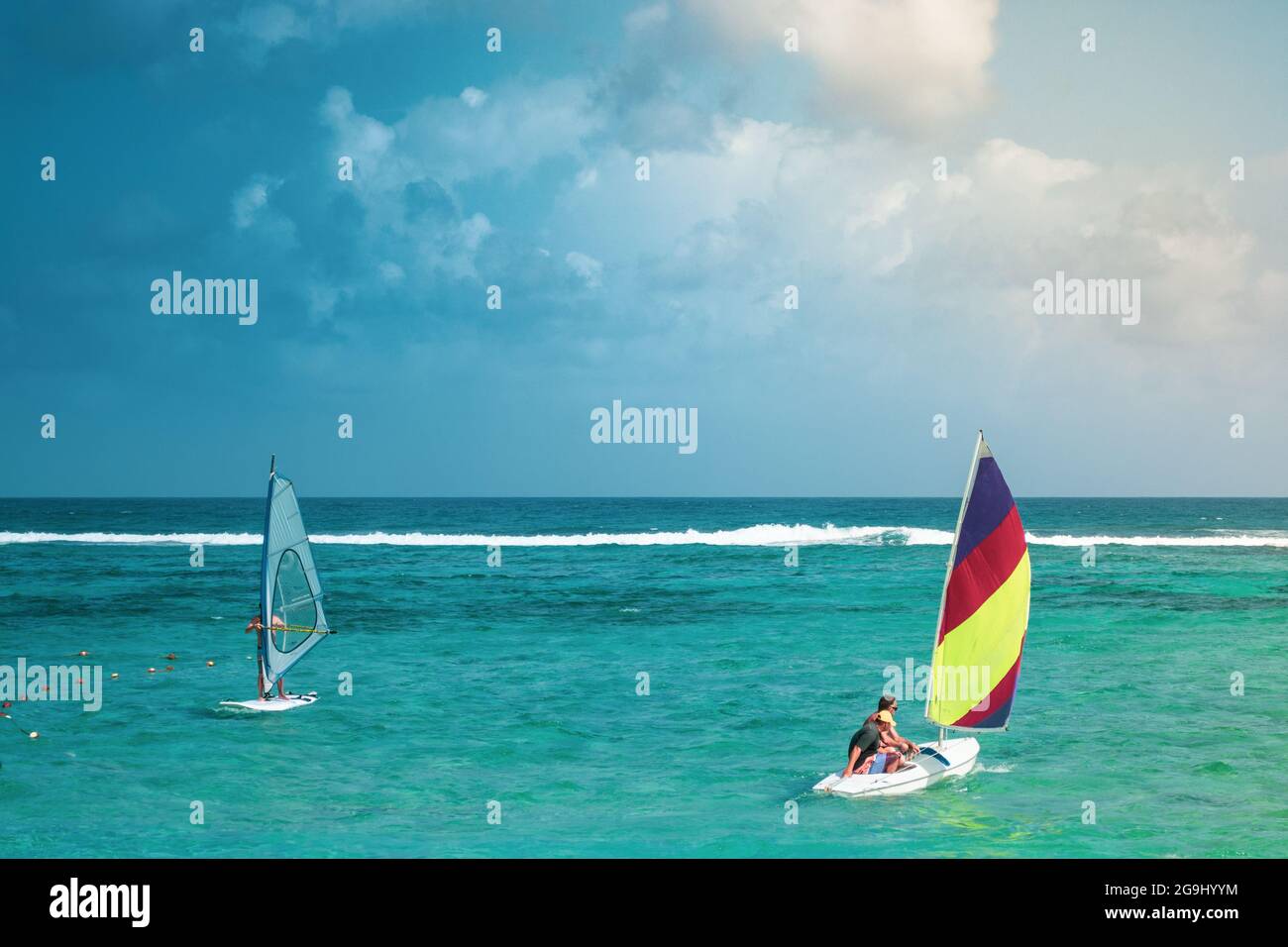 Two windsurfing boards at the Caribbean sea in the island of San Andrés, Colombia. Stock Photo