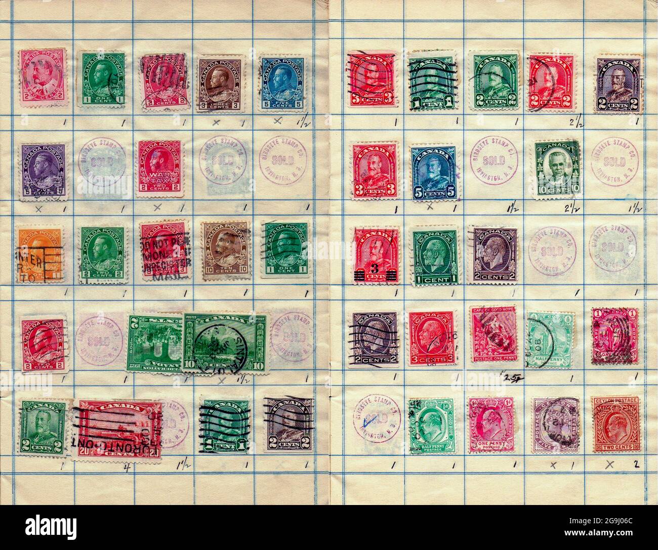 A collection of old stamps from Canada Philately is the study of postage stamps and postal history. Stock Photo