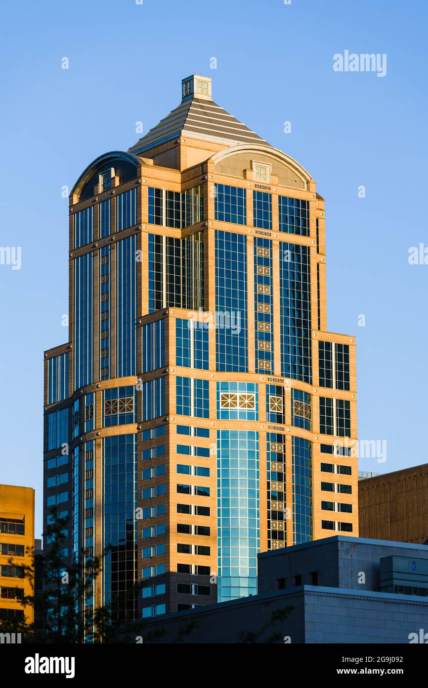 Seattle - July 25, 2021; 1201 Third Avenue Tower in the Central Business District of Seattle.  The classic architecture has made this a popular sight Stock Photo