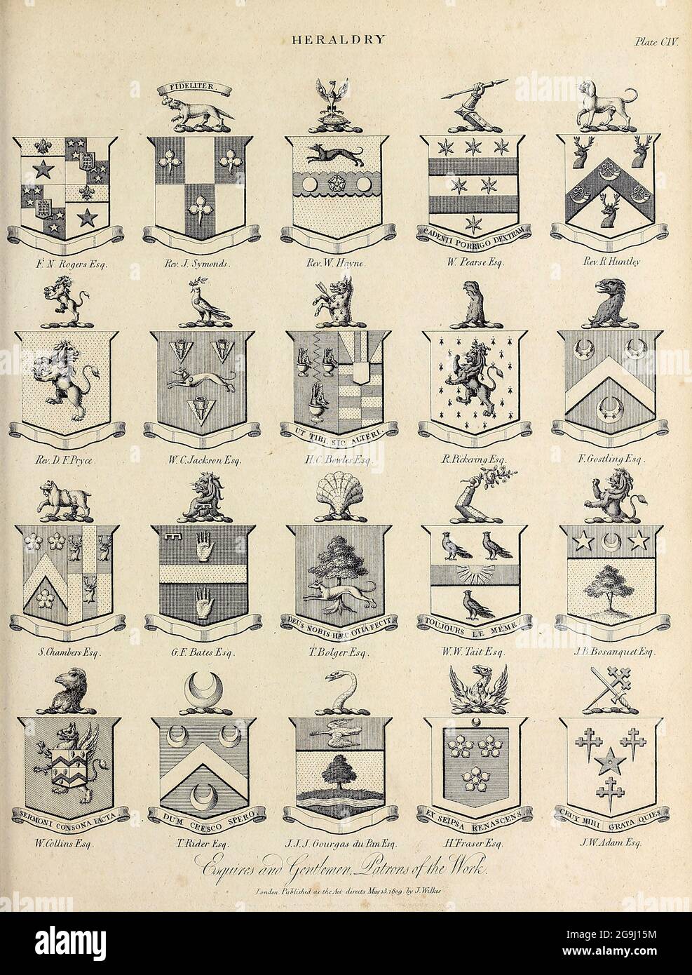 Esquires and Gentlemen Heraldry is a discipline relating to the design, display and study of armorial bearings (known as armory), as well as related disciplines, such as vexillology, together with the study of ceremony, rank and pedigree. Armory, the best-known branch of heraldry, concerns the design and transmission of the heraldic achievement. The achievement, or armorial bearings usually includes a coat of arms on a shield, helmet and crest, together with any accompanying devices, such as supporters, badges, heraldic banners and mottoes. Copperplate engraving From the Encyclopaedia Londinen Stock Photo