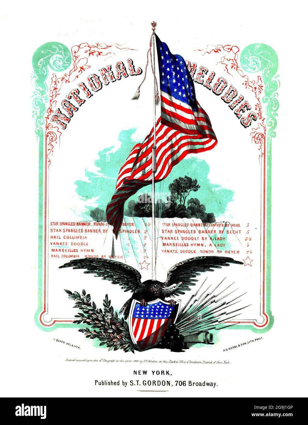 National Melodies, 1861 chromolithographic sheet music qith eagle and American flag. Hail Columbia, Start Spangled Banner & Yankee Doodle Stock Photo
