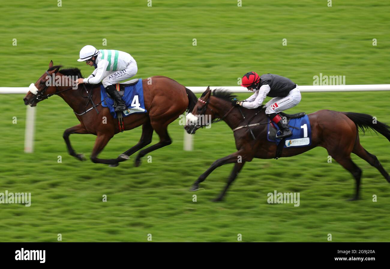Citronnade and Shane Foley (left) coming home to win the Eventus Handicap during the opening day of the Galway Races Summer Festival 2021 at Galway Racecourse. Picture date: Monday July 26, 2021. See PA story RACING Galway. Photo credit should read: Niall Carson/PA Wire. RESTRICTIONS: Use subject to restrictions. Editorial use only, no commercial use without prior consent from rights holder. Stock Photo