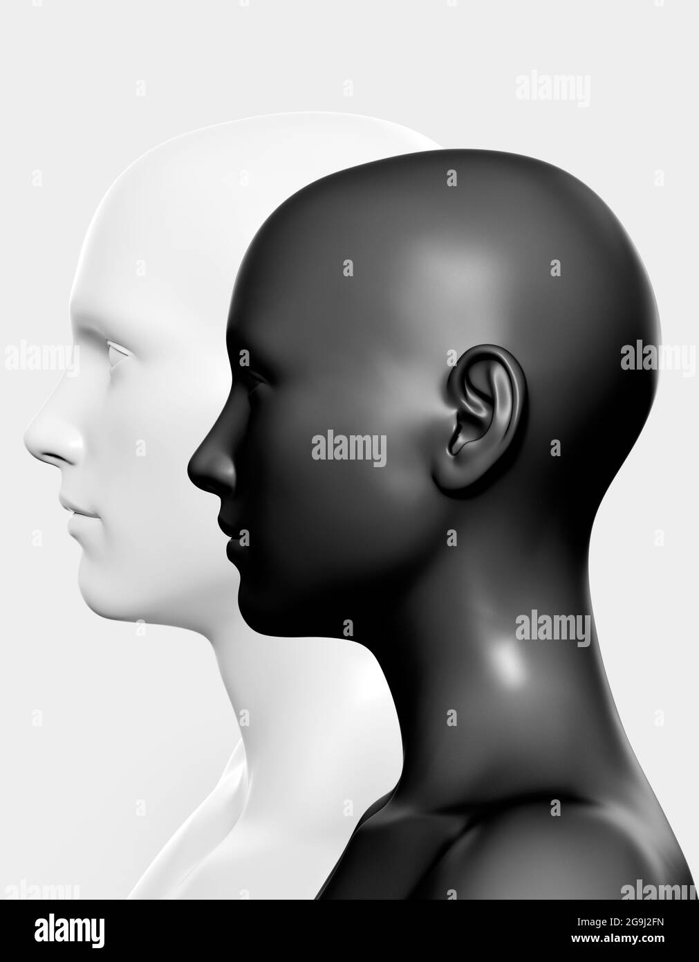3d render illustration of light grey and black colored male and female faces on grey background, relationship psychology concept. Stock Photo
