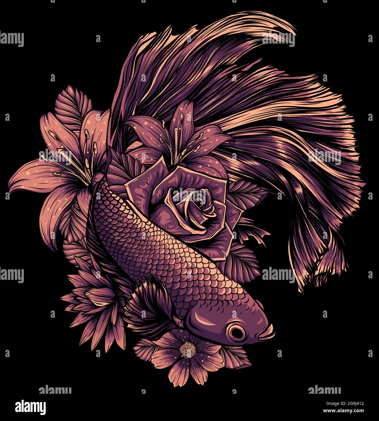 fish betta splendens with flowers vector illustration Stock Vector