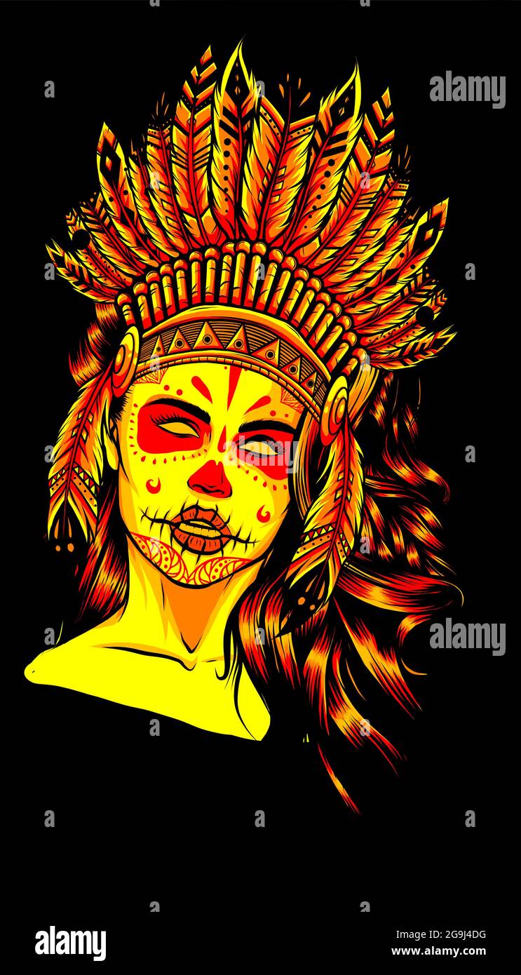 Beautiful girl in a headdress of North American Indians. Stock Vector
