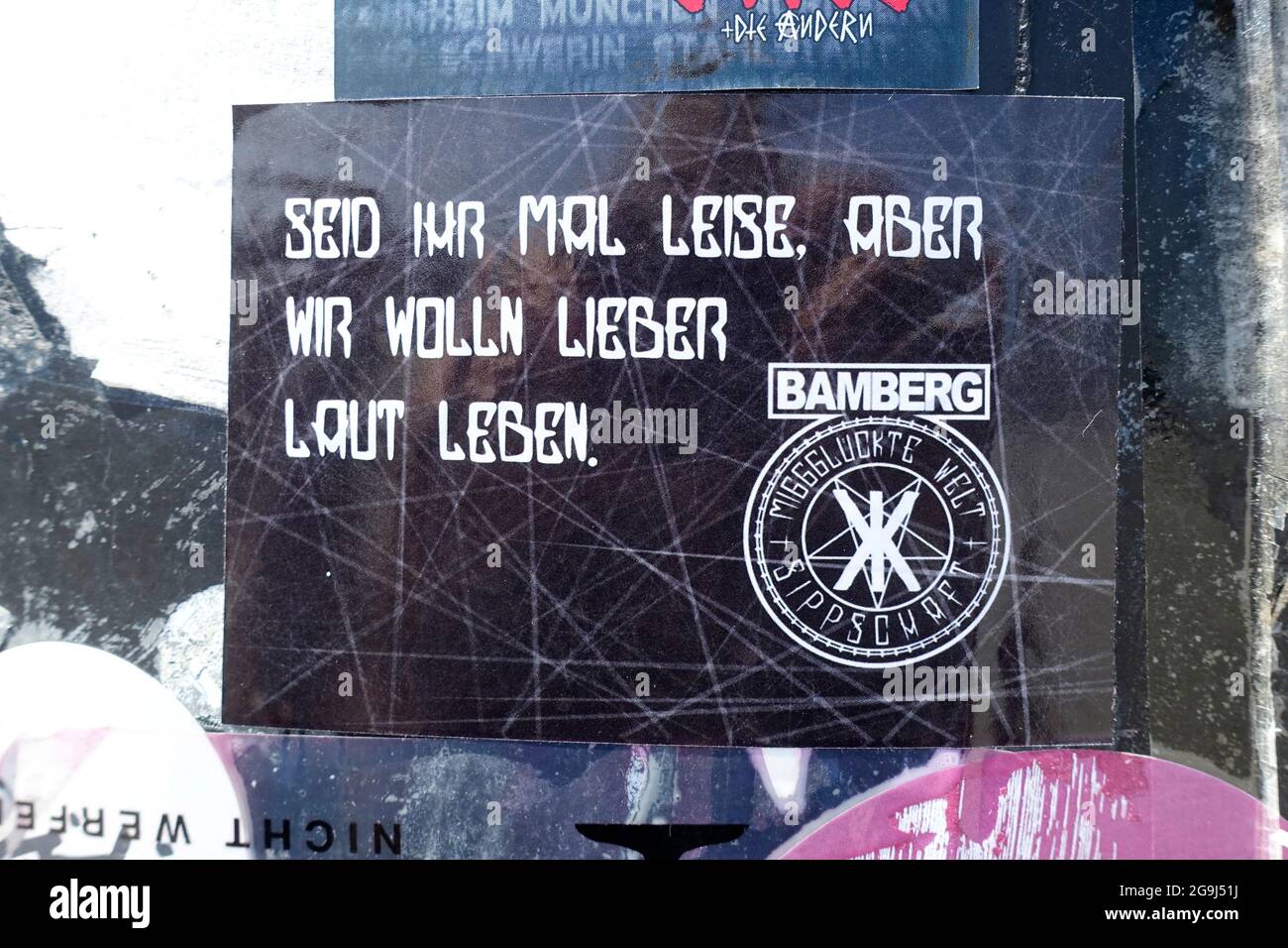 Missglückte Welt Sippschaft Bamberg, sticker, Germany Stock Photo