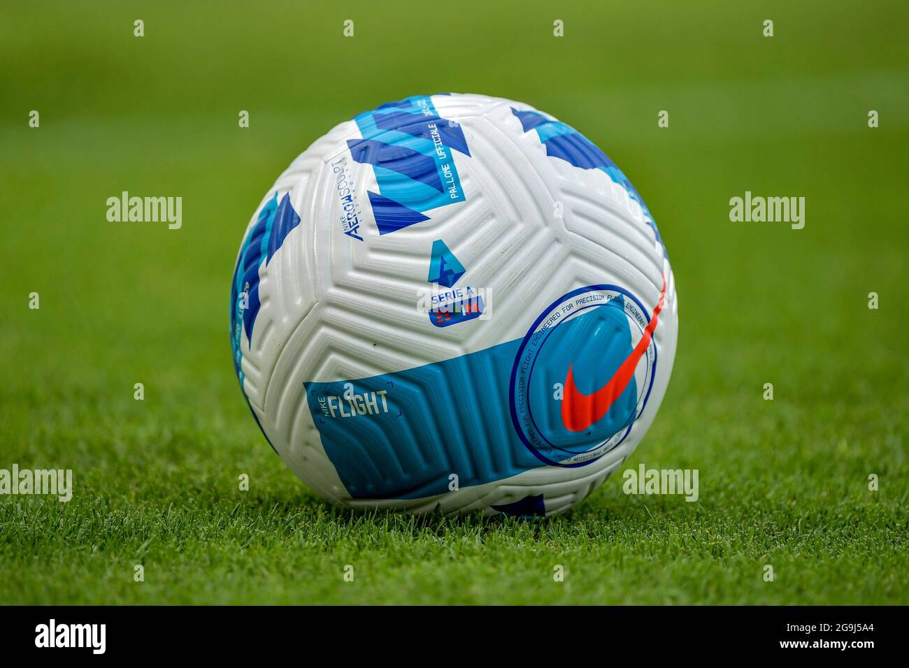 Frosinone, Italy. 25th July, 2021. Serie A Nike official ball, named  flight, is seen on the pitch during the pre season friendly football match  between AS Roma and Debrecen at Benito Stirpe