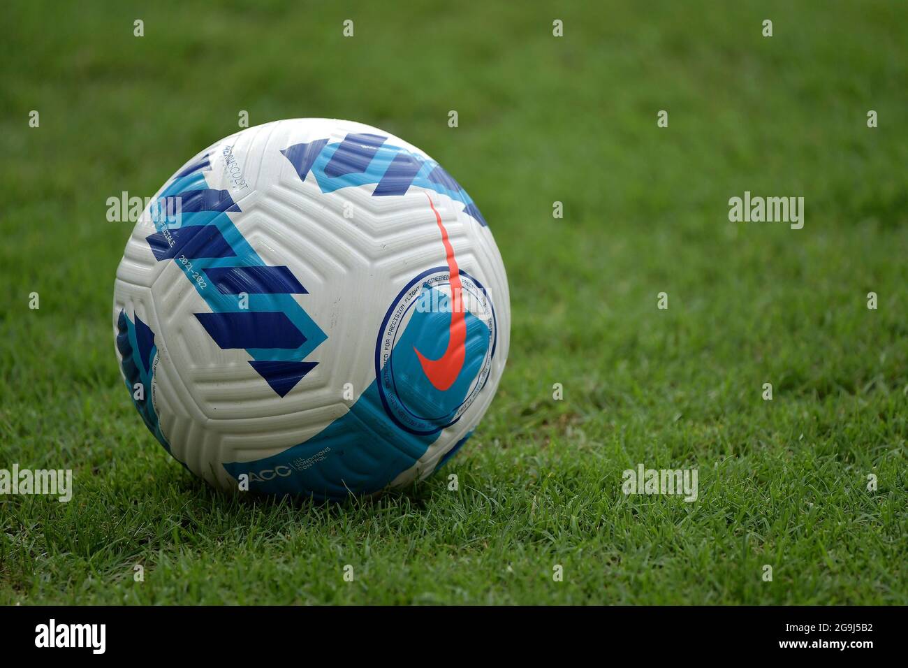 Frosinone, Italy. 25th July, 2021. Serie A Nike official ball, named  flight, is seen on the pitch during the pre season friendly football match  between AS Roma and Debrecen at Benito Stirpe
