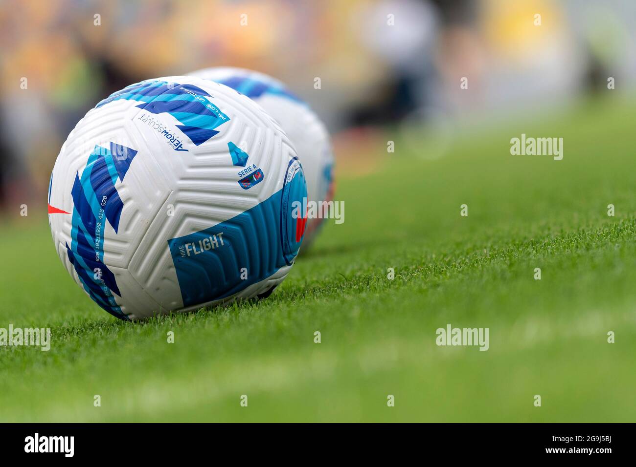 Frosinone, Italy. 25th July, 2021. Serie A Nike official balls, named  flight, are seen on the pitch during the pre season friendly football match  between AS Roma and Debrecen at Benito Stirpe