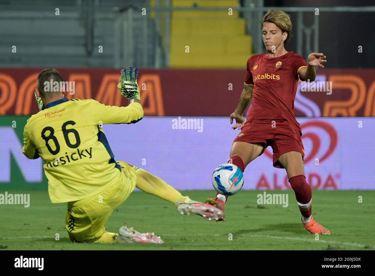 Frosinone, Italy. 25th July, 2021. Riccardo Ciervo of AS Roma, clhallenged by Tomas Kosicky of Debrecen, in action during the pre season friendly football match between AS Roma and Debrecen at Benito Stirpe stadium in Frosinone (Italy), July 25th, 2021. Photo Andrea Staccioli/Insidefoto Credit: insidefoto srl/Alamy Live News Stock Photo