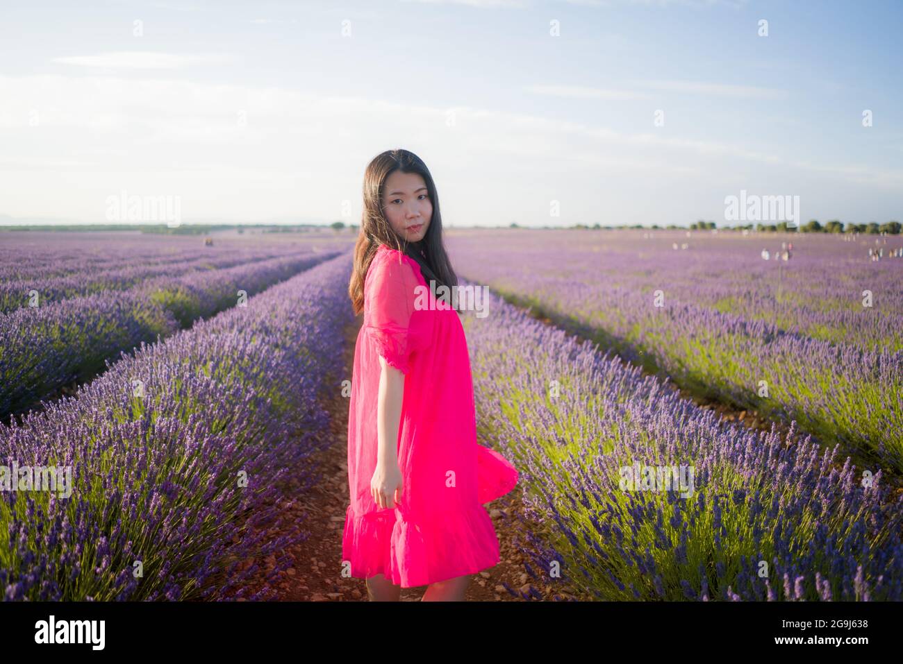 young Asian woman outdoors at lavender flowers field - happy and beautiful Korean girl in sweet Summer magenta dress enjoying holidays relaxed on purp Stock Photo