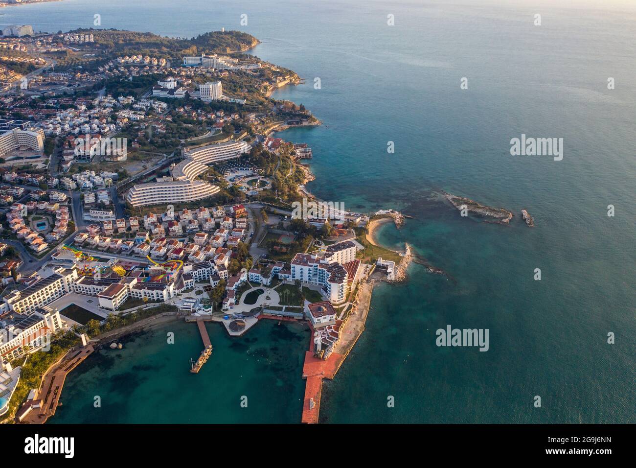 Turkey, Aydin, Kusadasi, Aerial view of sea and city Stock Photo