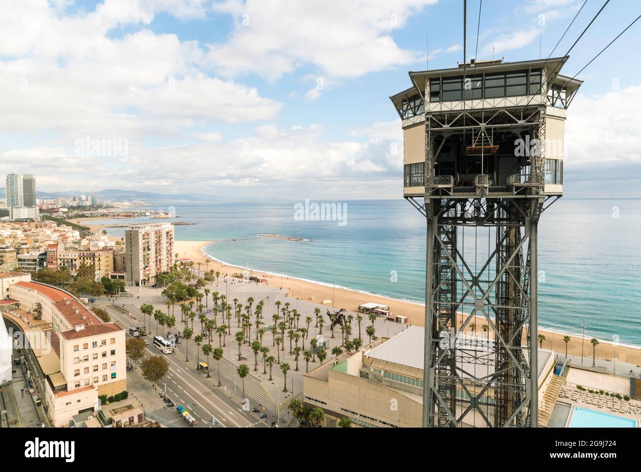 Spain, Barcelona, Barcelona's Port cable car tower and coast Stock ...