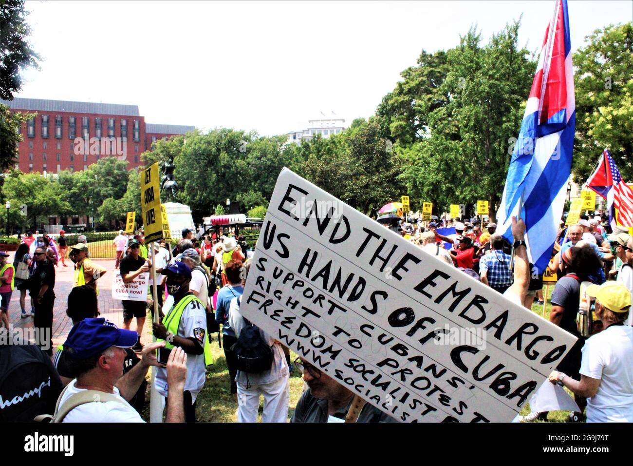 July 25th 2021-Washington, DC. USA - End the Embargo Protest's outside the Whitehouse call on President Biden and the U.S. to lift the embargo on Cuba Now!  Also members of the group Code Pink and one of it's founders Medea Benjamin who spoke at the rally were present as well. Credit Mark Apollo/Alamy Livenews Stock Photo