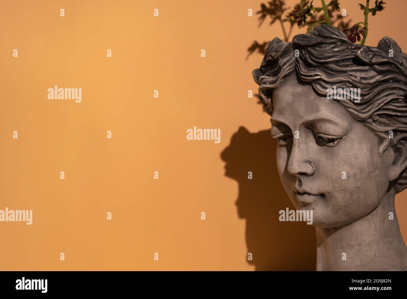 a thoughtful greek statue with a plant growing on its head in front of