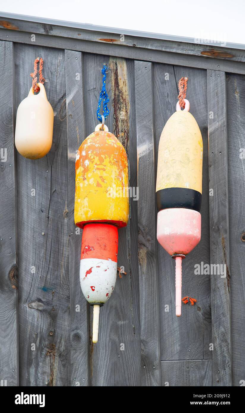 Lobster buoys hanging on a shack in Owls Head, Maine, USA Stock Photo