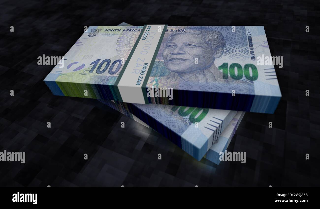 South Africa Rand money pack 3d illustration. ZAR banknote bundle